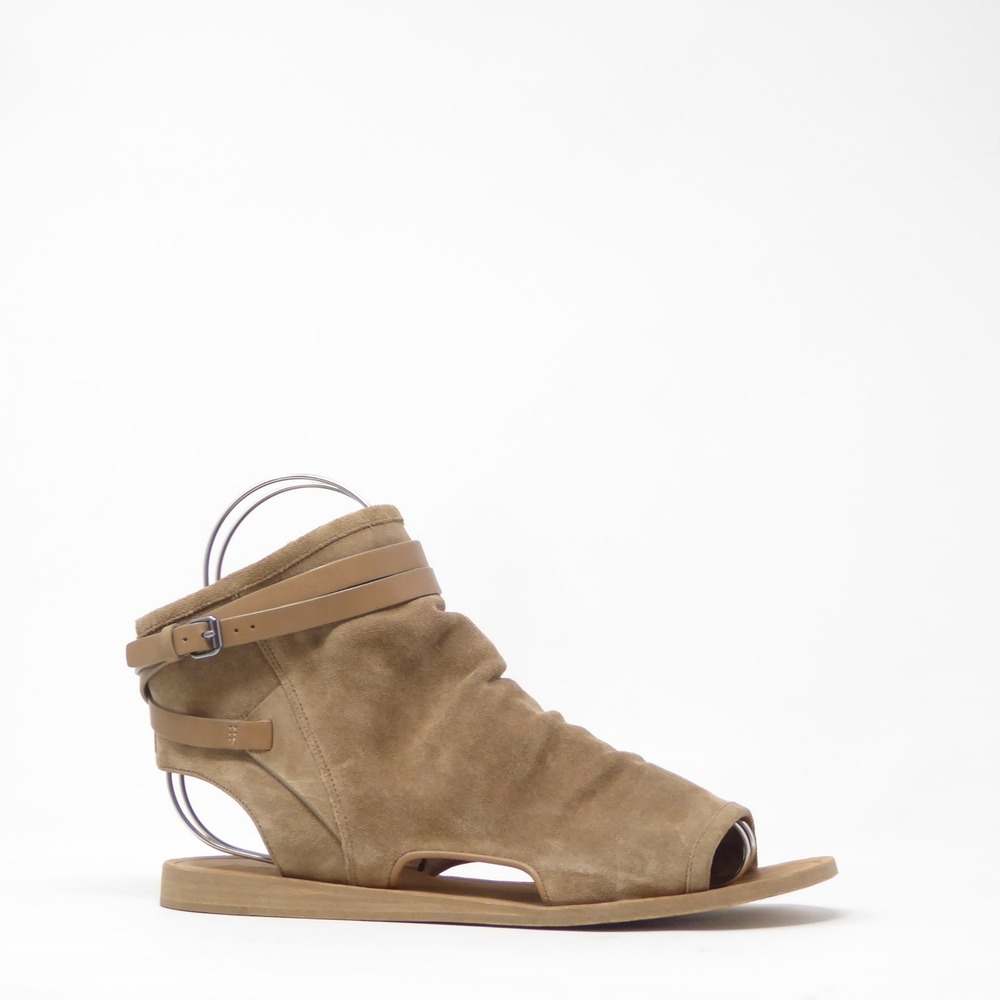 Vince Women Thalia Suede Peep Toe Slouchy Sandals Tan Ankle Wrap Flat 9M